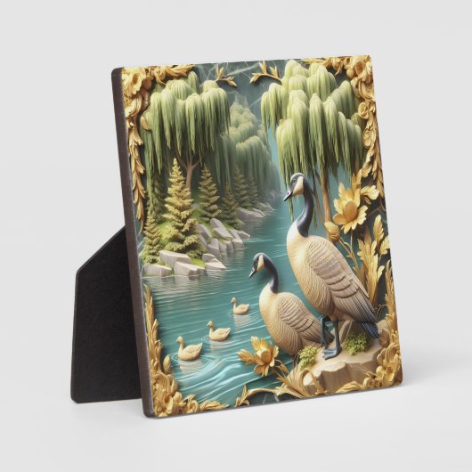 しだれ柳の中のカナダゲーゼ フォトプラーク (正面)