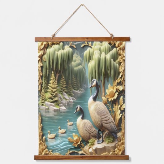 しだれ柳の中のカナダゲーゼ 吊り下げ型タペストリー (正面)