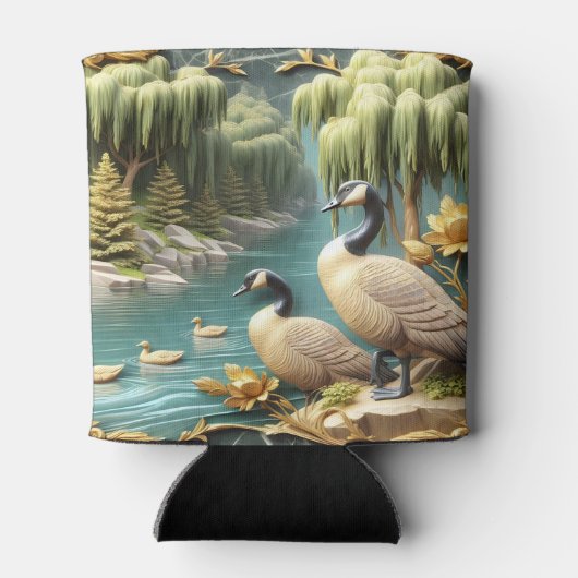 しだれ柳の中のカナダゲーゼ 缶クーラー (裏面)