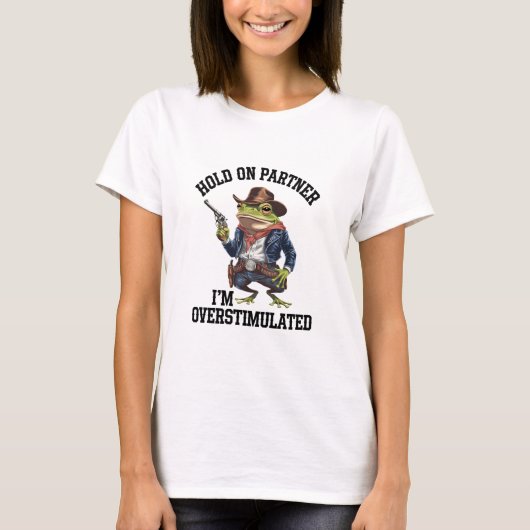 しっかりつかまって パートナー！刺激に耐えるカウボーイカエル Tシャツ (正面)
