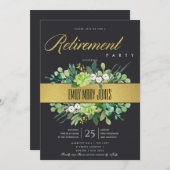 しっとりとした黒金の水彩画の花輪　引退 招待状 (正面/裏面)