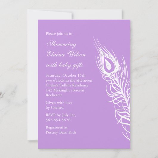 しっぽの羽を振る赤ちゃんシャワー招待状紫 招待状 (正面)