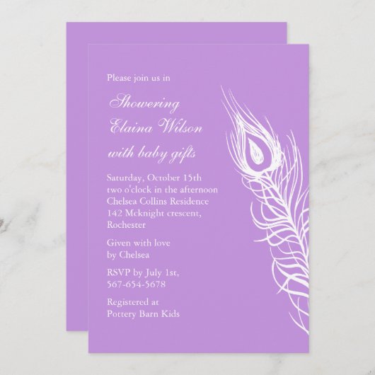 しっぽの羽を振る赤ちゃんシャワー招待状紫 招待状 (正面/裏面)