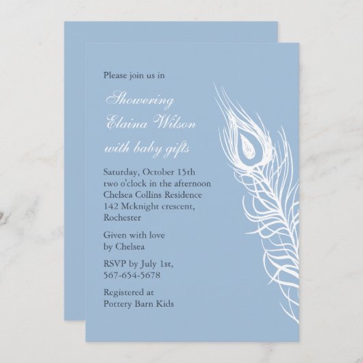 しっぽの羽を振る赤ちゃんシャワー招待状(青) 招待状 (正面/裏面)