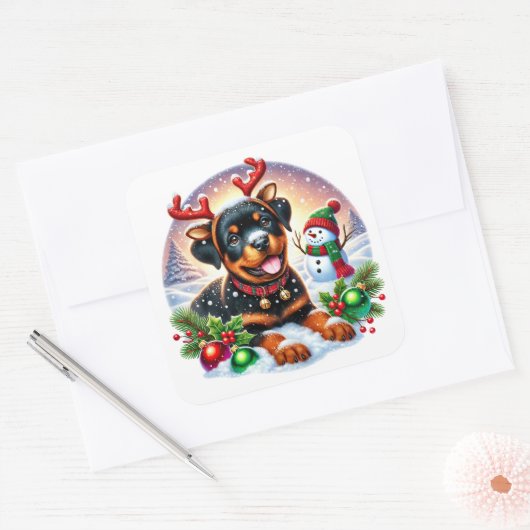 しっぽを振るクリスマス〔雄ジカの〕枝角! スクエアシール (封筒)