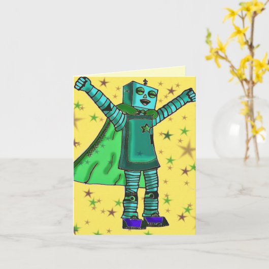 "しましたそれを!" 幸せなロボットおめでとうカード カード (黄色い花)