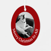 しゃべる犬のモノクロ写真 クリスマスレッド メタルオーナメント (正面左)