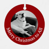 しゃべる犬のモノクロ写真 クリスマスレッド メタルオーナメント (正面)