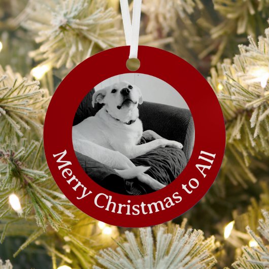 しゃべる犬のモノクロ写真 クリスマスレッド メタルオーナメント (インサイチュ)