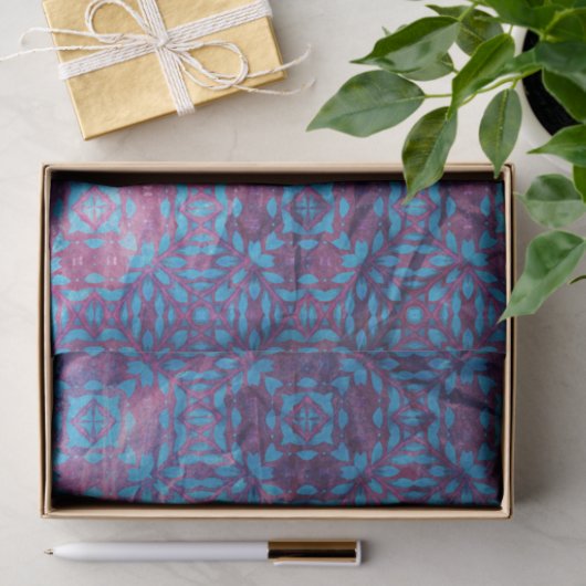 しわくちゃのテクスチャーに青と紫のダマスク模様 薄葉紙 (ギフト)