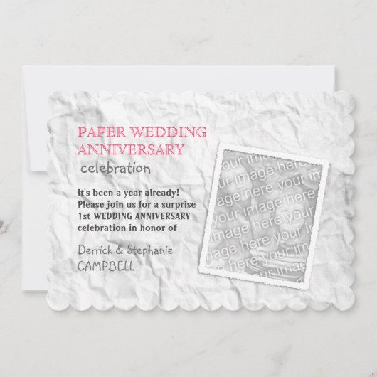 しわくちゃの紙 1周年 結婚記念日 招待状 (正面)