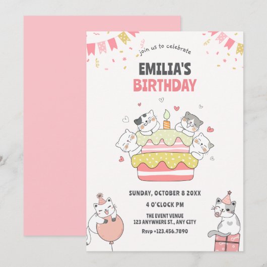 じゃれ合う猫の誕生日パーティー 招待状 (正面/裏面)