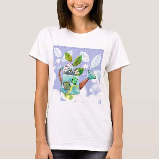 じょうろの植木鉢-水彩画のイラストレーション Tシャツ (正面)