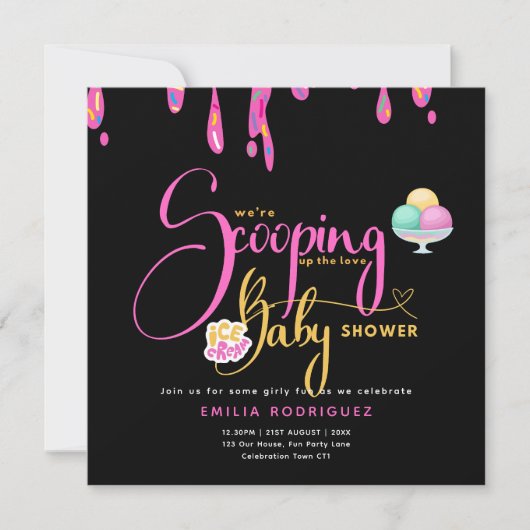 すくい上げラブアイスクリーム赤ちゃん女の子シャワー 招待状 (正面)