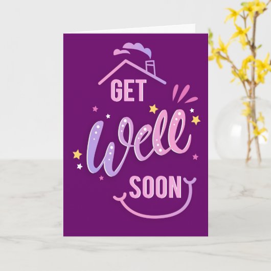 すぐに可愛い紫色の家の挨拶をする カード (黄色い花)