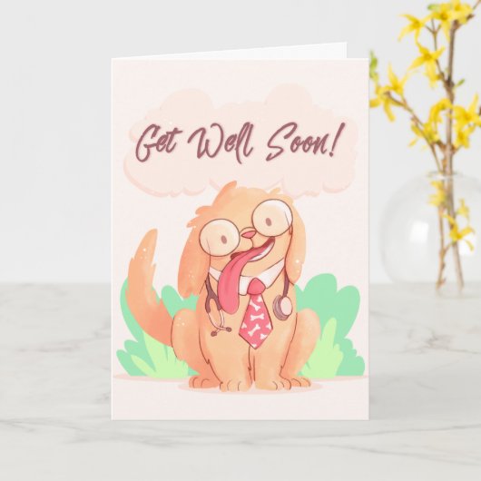 すぐに漫画の犬のような挨拶を得る カード (黄色い花)