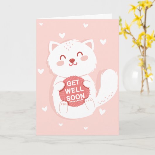 すぐに白い漫画の猫のグリーティングを得る カード (黄色い花)