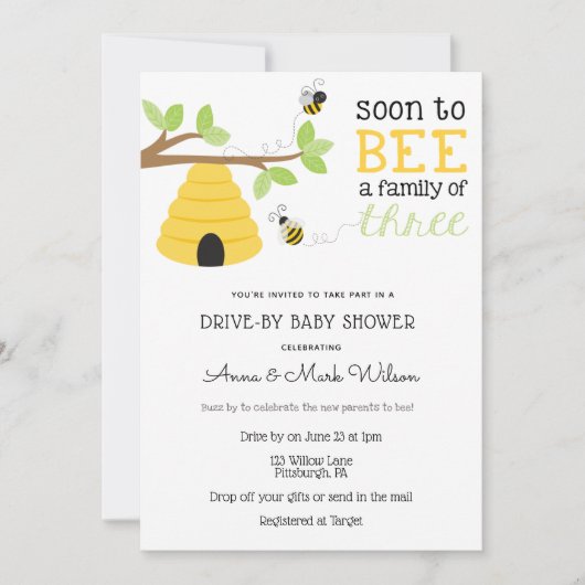 すぐに車で3つの赤ちゃんシャワーの家族になる 招待状 (正面)
