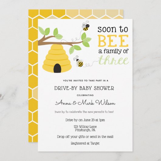 すぐに車で3つの赤ちゃんシャワーの家族になる 招待状 (正面/裏面)