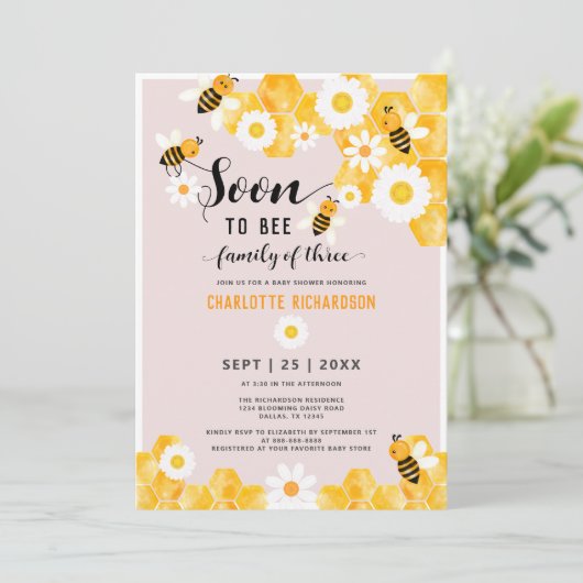 すぐに3つの赤ちゃんシャワーの家族になるのまわりに 招待状 (スタンド正面)