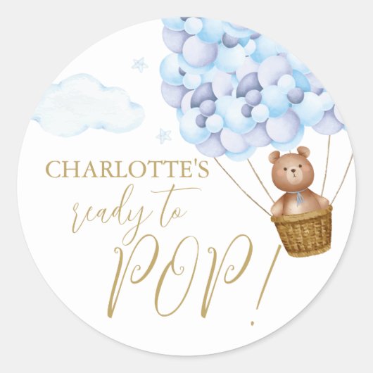 すぐ生まれるクマの赤ちゃん待ちきれない 青い男の子のベビーシャワー ラウンドシール (正面)