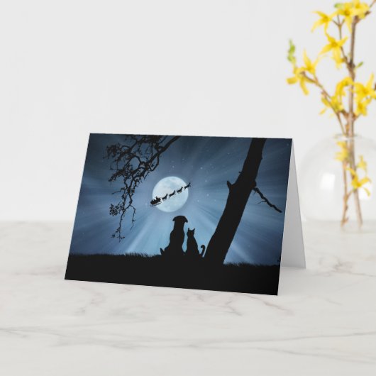 すごいかわいい犬と猫がサンタと楽しい休日 カード (黄色い花)