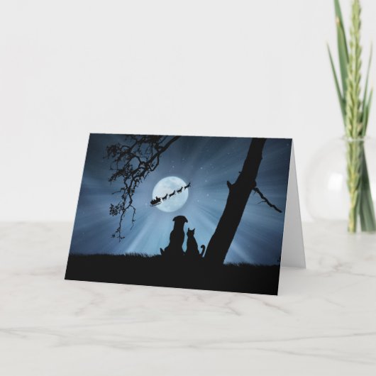 すごいかわいい犬と猫がサンタと楽しい休日 カード (正面)