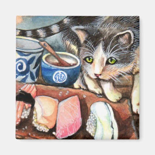 すしを見る猫 マグネット (正面)