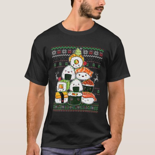 すしクリスマスツリー醜いセーター鮭まき和佐 Tシャツ (正面)