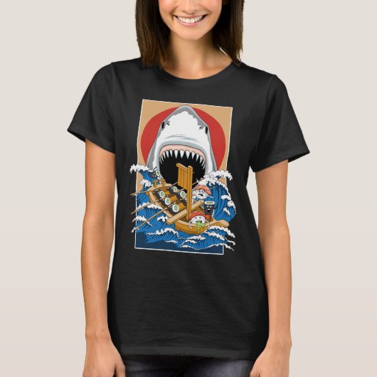 すしシャーク攻撃イラストレーション Tシャツ (正面)