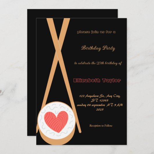 すしテーマの誕生日パーティーへの招待 招待状 (正面/裏面)