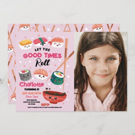 すしディナーガールズ日本のバースデーパーティー写真 招待状 (正面/裏面)