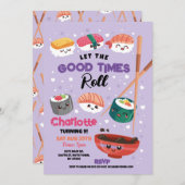 すしディナーガールズ日本のバースデーパーティー紫 招待状 (正面/裏面)