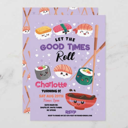 すしディナーガールズ日本のバースデーパーティー紫 招待状 (正面/裏面)