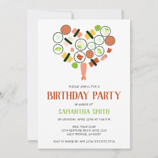 すしハート誕生日パーティーの招待 招待状 (正面)