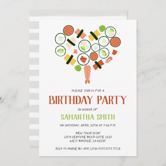 すしハート誕生日パーティーの招待 招待状 (正面/裏面)