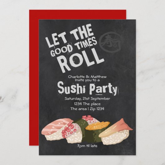 すしパーティーが盛り上がる転が日本の 招待状 (正面/裏面)
