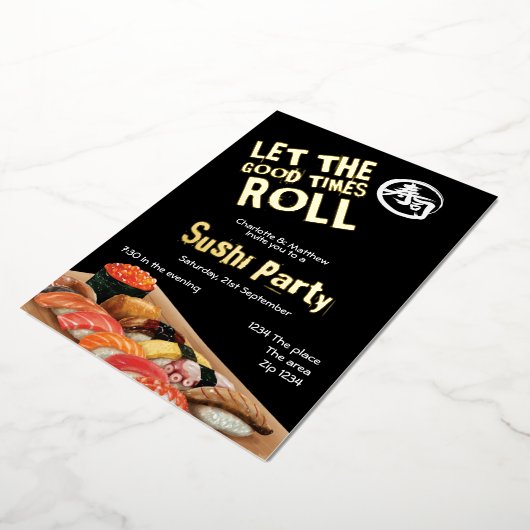すしパーティーが盛り上がる転が日本の 箔招待状 (回転した状態)