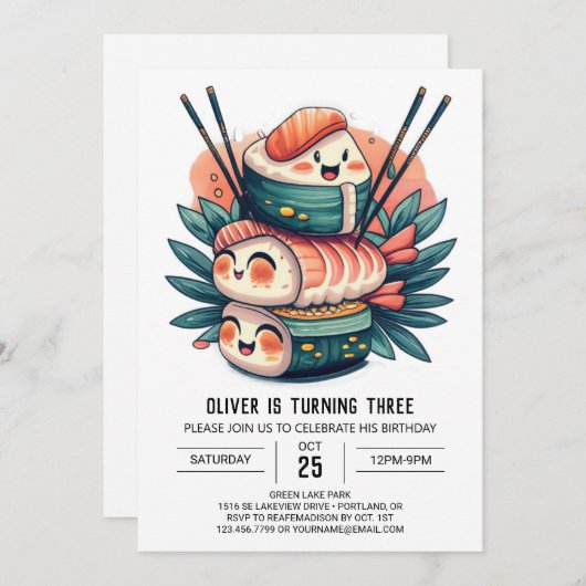 すしモダン転が子供の誕生日 招待状 (正面/裏面)