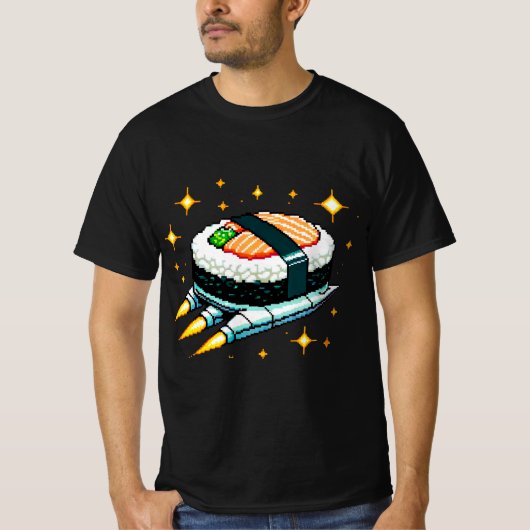 すし宇宙船ピクセ飛んでいるルアートすし転がデザイン Tシャツ (正面)