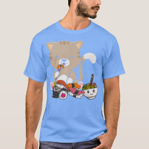すし猫Tシャツ、かわいい寿司食べの猫シャツ、ラーメン Tシャツ