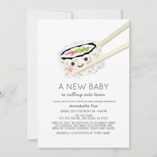 すし転がかわいい車で赤ちゃんシャワー 招待状 (正面)