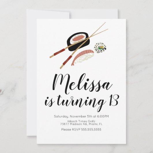 すし転がサケの誕生日10代の火鉢レストラン 招待状 (正面)