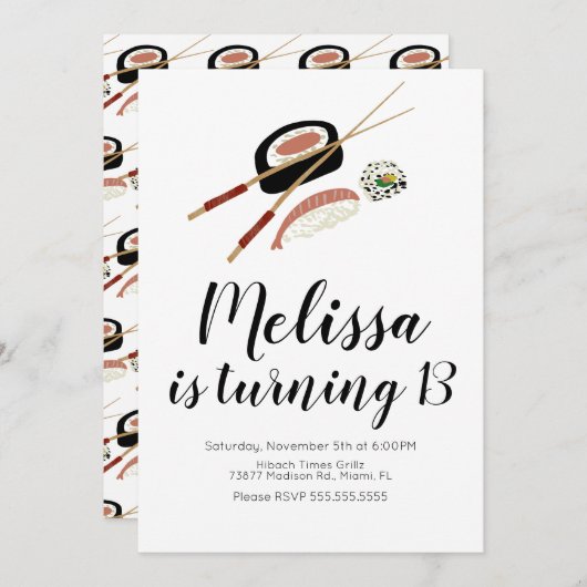 すし転がサケの誕生日10代の火鉢レストラン 招待状 (正面/裏面)