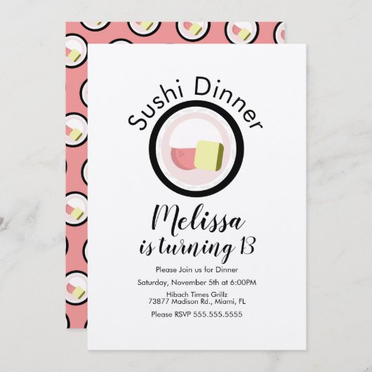 すし転がサーモン誕生日10代のレストランクラフト 招待状 (正面/裏面)