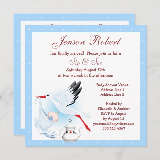 すすと見るコウノトリがベビーブルーのベビーシャワーを届ける 招待状 (正面/裏面)