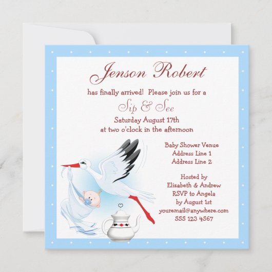 すすと見るコウノトリがベビーブルーのベビーシャワーを届ける 招待状 (正面)