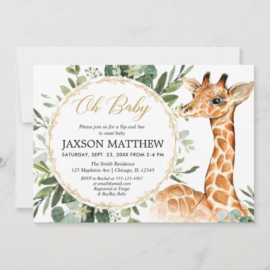 すすり、キリンのベビーシャワー、大会を見、そして挨拶して下さい 招待状 (正面)