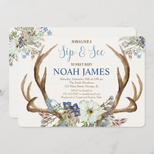 すすり、大会を見、そして男の子の招待のbohoに挨拶して下さい 招待状 (正面/裏面)