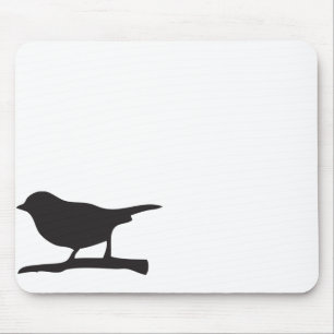すずめの鳥及び枝黒く及び白いシルエット マウスパッド